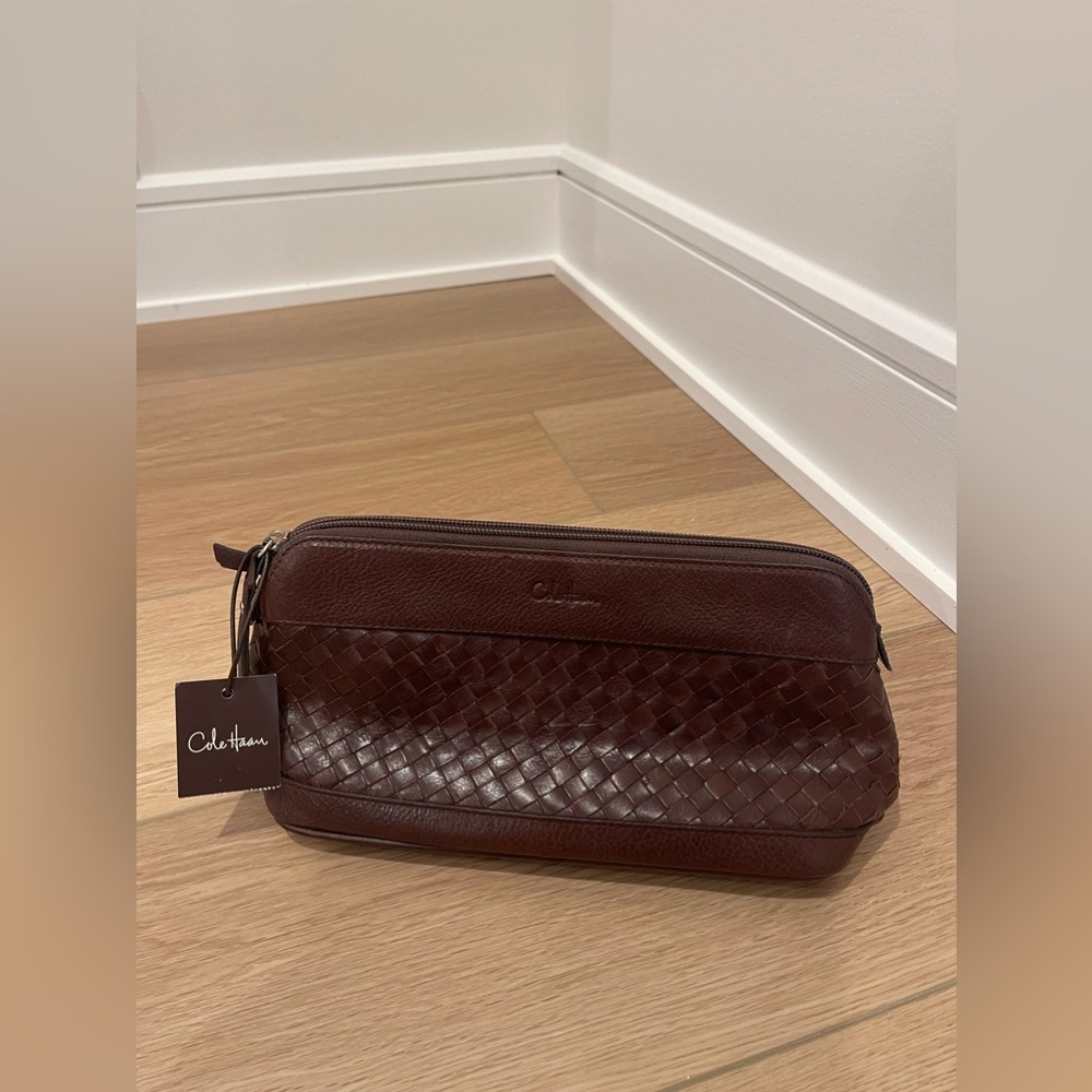 Cole Haan Toiletry Bag NWT Brown Weave Shaver Bag Basket Weave Makeup Kit Flaws